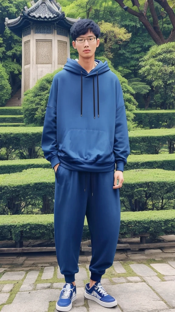 21 year old Suzhou boy, he is ((oversized xxl blue plain hoodie)), wearing black pants, wearing sneakers, wearing glasses, night club, fully body, (he is 한국 머리카락입니다)  k pop style, Suzhou traditional garden background