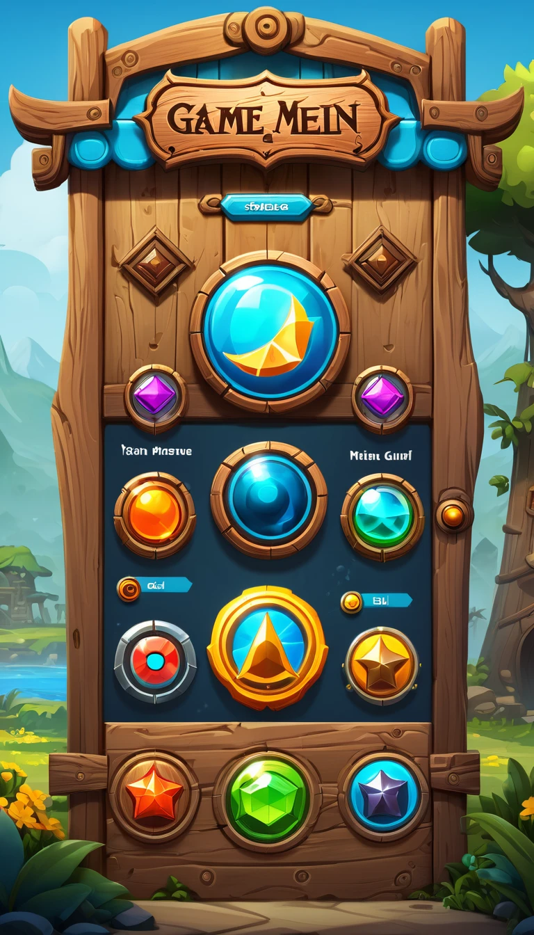 a digital illustration of a game Main Menu that level selection is in the Middle and UI buttons are on the Top and Bottom of UI,UI design,(wooden UI elements: 2),wooden Game MainMenu,game main menu,pinterest,stylized,GUI design,64k,artstation hq,user interface design,game GUI,game menu,ultra detailed,game art,2d game art,Tyler Edlin,Hue Teo,julie bell