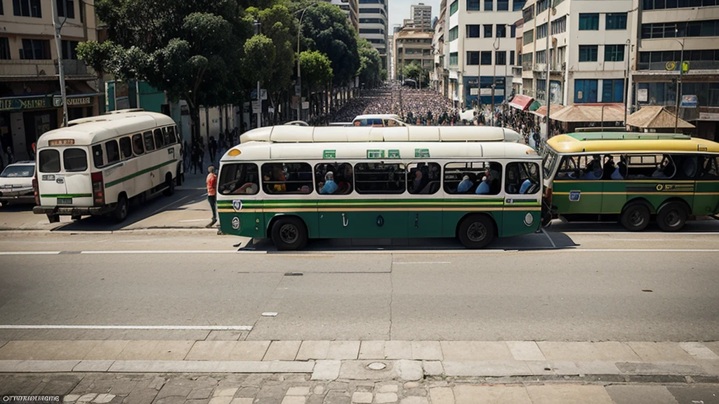 Perfidy in Brazil. Create a scene in a cartoon and sketch style in which thousands of patriotic brazillian people are in a square "protected" by soldiers and they are directing everyone to board several parked buses to be taken into custody without the patriots being aware of this. Supreme perfidy.