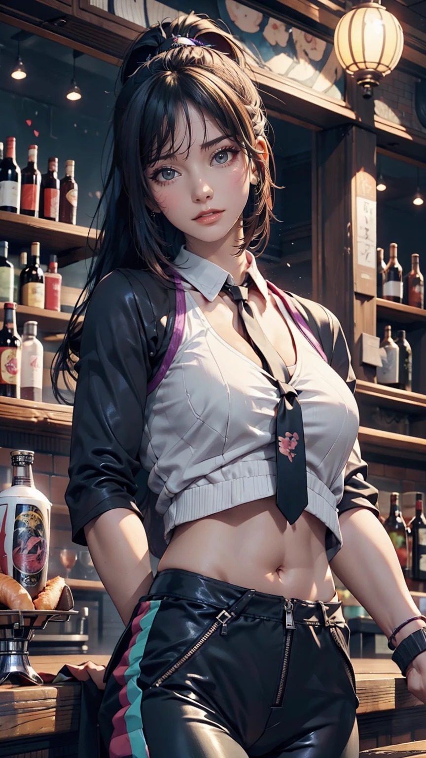24 year old Japanese woman、Slim but toned body、Wear a high-neck zipper-up top、No sleeve、I can see my belly button、Wear low rise leggings、Tie a blouson around the waist、Put a wristband on your wrist、ponytail、Inner Color、Add a purple exterior、Southern European Bar((pub))Drinking beer at the counter、Meat dishes lined up on the counter、Wear black arm covers