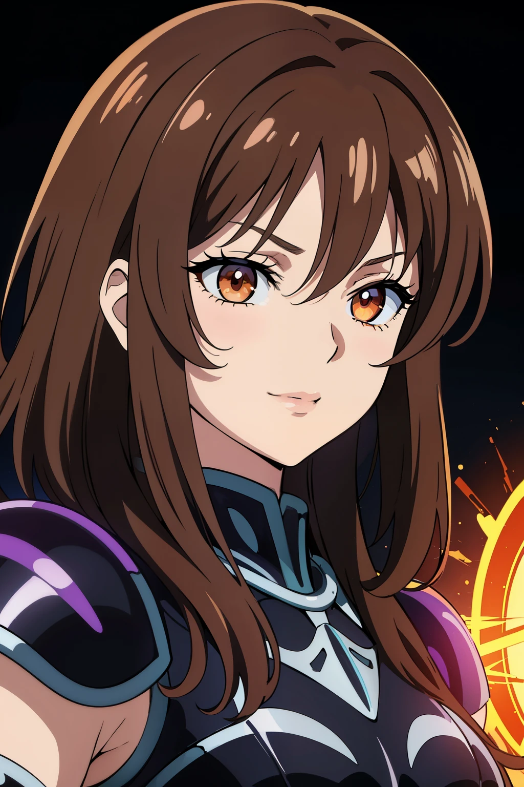 (high-quality, breathtaking),(expressive eyes, perfect face) portrait, Symmetrical Eyes, 1girl, female, solo, adult, brown hair color, orange red coloured eyes, short hair length, side bangs, fluffy hair, looking at viewer, portrait, black background, narrow eyes, soft eerie blue lighting background, rock terrain background, Hades Armor, Hypnos Saint Seiya Armor, Thanatos Saint Seiya Armor, Dark Purple Armor, trim, full plate, feminine face, cute smile, half body shot, hair bow, hair ornament, Mio 