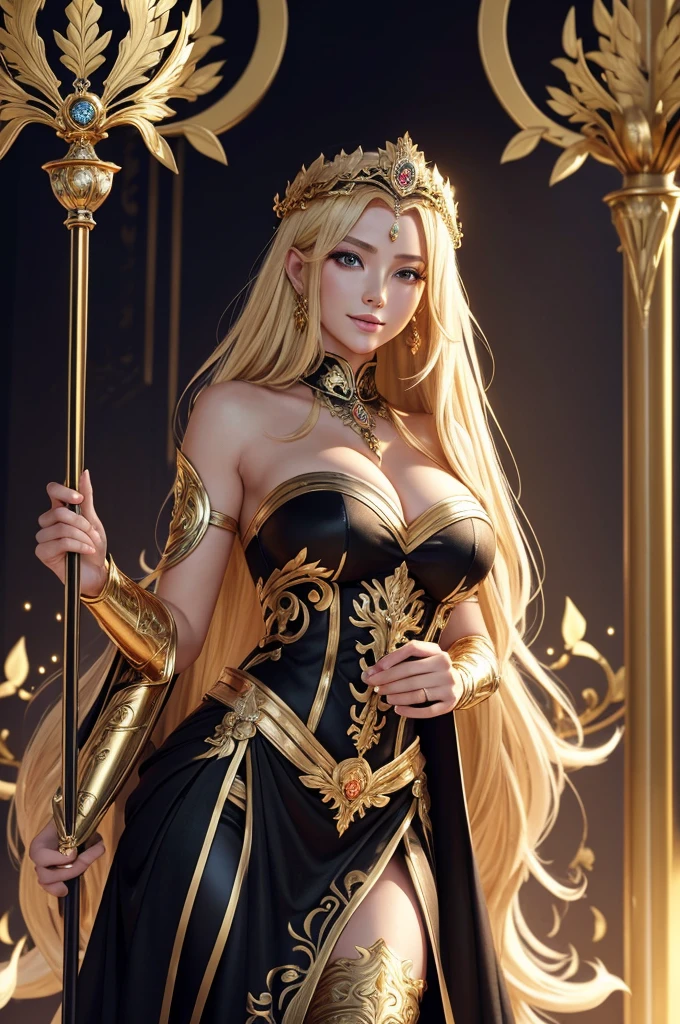 8k,A big breasted Arafo goddess with a black and white exterior, Beautiful fantasy empress with big breasts, long blonde hair, blue eyes, , royal elegant pose, 8k high quality detailed art, elegant cinematic pose, Art 8k 3D rendering characters, ((a beautiful fantasy empress)), goddesses, Goddess. extremely high detail, extremely detailed goddessess shot, 2. 5 d cgi anime fantasy artwork, Holds a luxurious black and gold staff, A high resolution, Super precise hand details, A smile, forest temple, Golden decoration (delicate golden work)tempting,a sexy,Look at the spectators,