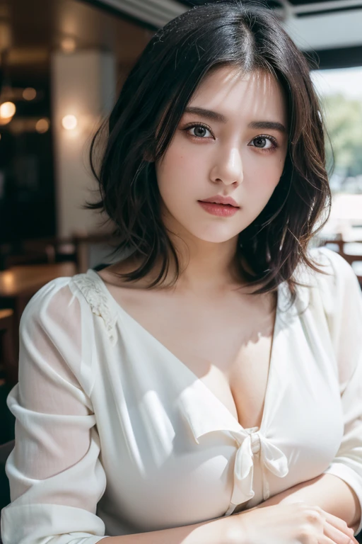 (award winning, 8k, super detailed, high resolution, best quality, photography, portrait), 1girl, solo, beautiful girl, beautiful eyes, detailed eyes, (black eye), white blouse, short hair, black hair, sitting in cafe, POV, ((upper body))