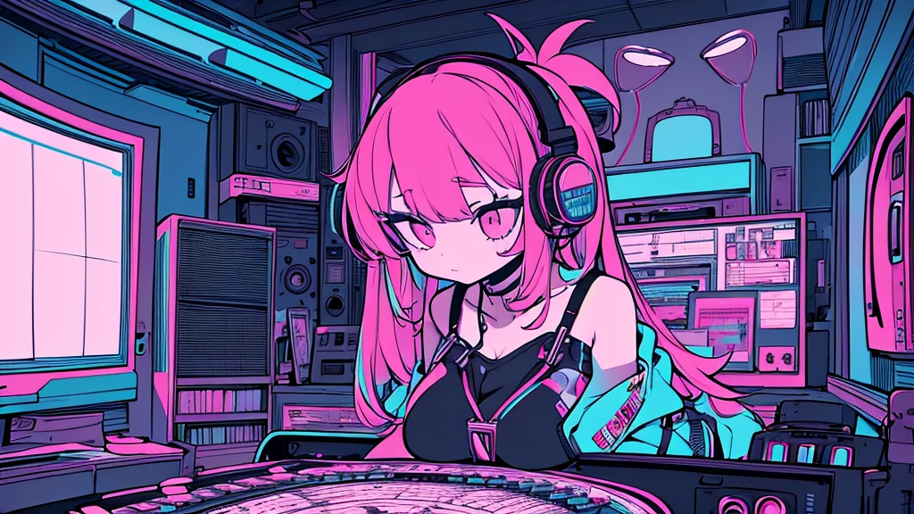 Best quality, (masterpiece), best detail face,1 girl, big breasts, 18 yo, 8k,absurdres,unity 8k wall paper,(extremely detailed:1.3), highest realistic, (retro headphones:), (soft neon light:), (psychedelic), Her room full of music equipment and plants, Light clothing in summer, See the whole room, She is leaving the room, natural color palette