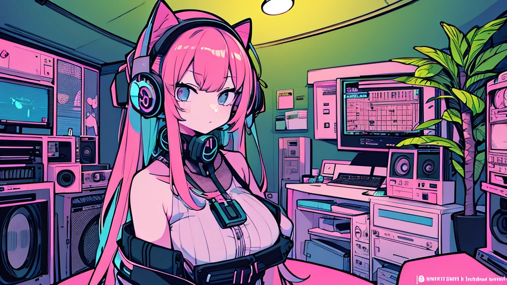 Best quality, (masterpiece:1.2), best detail face,1 girl, big breasts, 18 yo, 8k,absurdres,unity 8k wall paper,(extremely detailed:1.3), highest realistic, (retro headphones:1.1), (soft neon light:1.1), (floating hair:1.2), (psychedelic:1.2), Her room full of music equipment, Leaning back on the chair with a casual attitude, Light clothing in summer, dark grey color palette