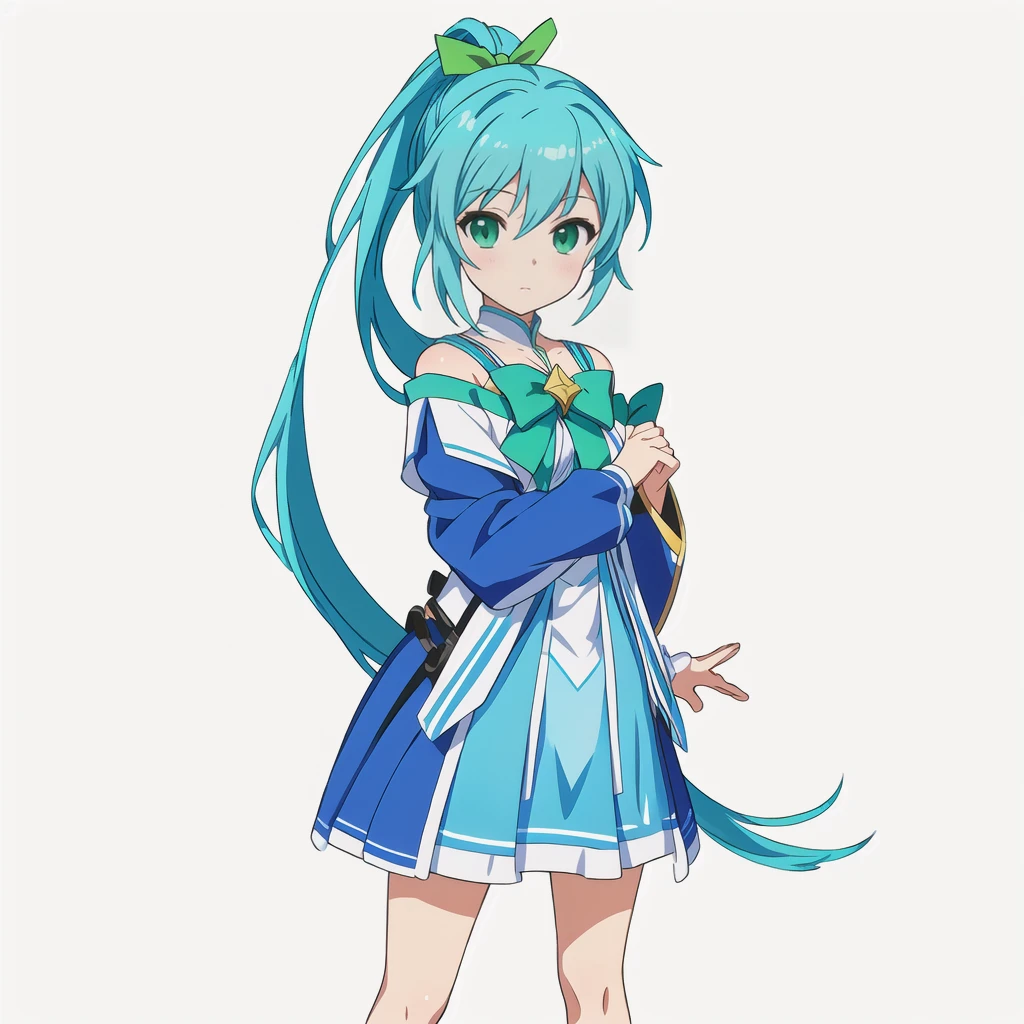 Highest quality, high resolution, High quality anime art style, Official Art, Smooth anime CG art, Stylized anime, Cute 3D anime girl render, Visual Novel Sprites, White background, whole body, Anime-style 3D, Smooth anime CG art, humanoid woman, JRPG Characters, Magical Girl Style, Anime woman in a blue dress with green ribbon, Turquoise Hair, ponytail, Neat hairstyle, tall, He holds a magic bow in his left hand., 20-year-old,
