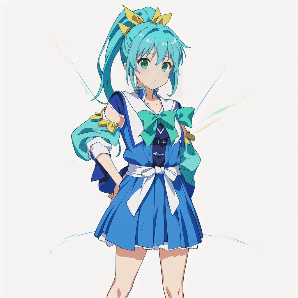 Highest quality, high resolution, High quality anime art style, Official Art, Smooth anime CG art, Stylized anime, Cute 3D anime girl render, Visual Novel Sprites, White background, whole body, Anime-style 3D, Smooth anime CG art, humanoid woman, JRPG Characters, Magical Girl Style, Anime woman in a blue dress with green ribbon, Turquoise Hair, ponytail, Neat hairstyle, tall, He holds a magic bow in his left hand., 20-year-old,