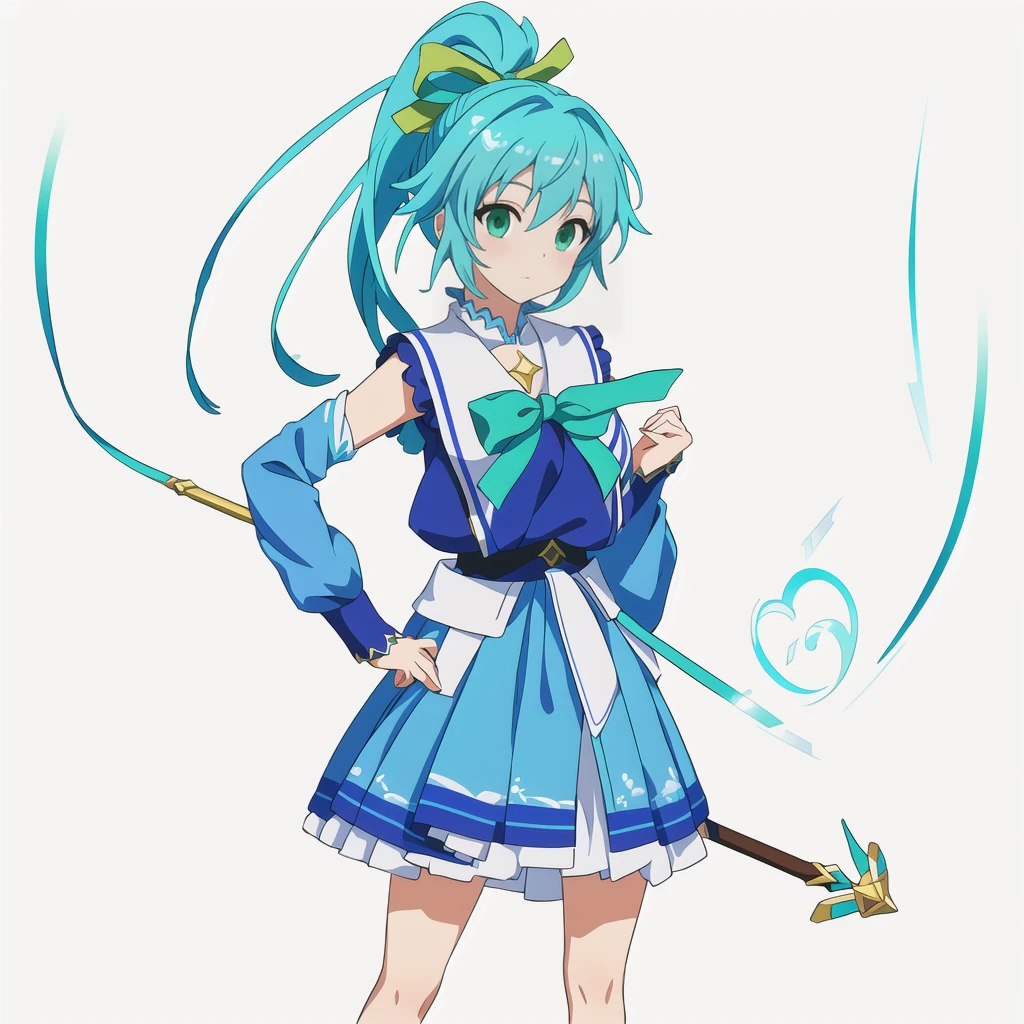 Highest quality, high resolution, High quality anime art style, Official Art, Smooth anime CG art, Stylized anime, Cute 3D anime girl render, Visual Novel Sprites, White background, whole body, Anime-style 3D, Smooth anime CG art, humanoid woman, JRPG Characters, Magical Girl Style, Anime woman in a blue dress with green ribbon, Turquoise Hair, ponytail, Neat hairstyle, tall, He holds a magic bow in his left hand., 20-year-old,