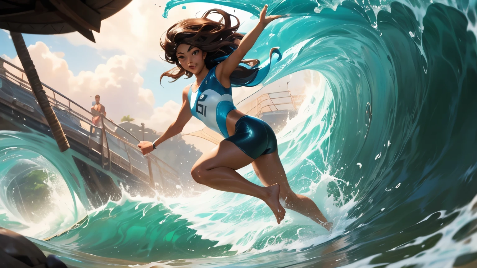 Beautiful japanese woman with tanned skin, brown hair wearing a swimsuit surfing on a surfboard inside a wave in the sea. Full Body, Dynamic pose, Beautiful young face, Modern digital illustration style, natural light, beautiful lighting, beautiful colors, League of Legends character, in the style of League of Legends Art