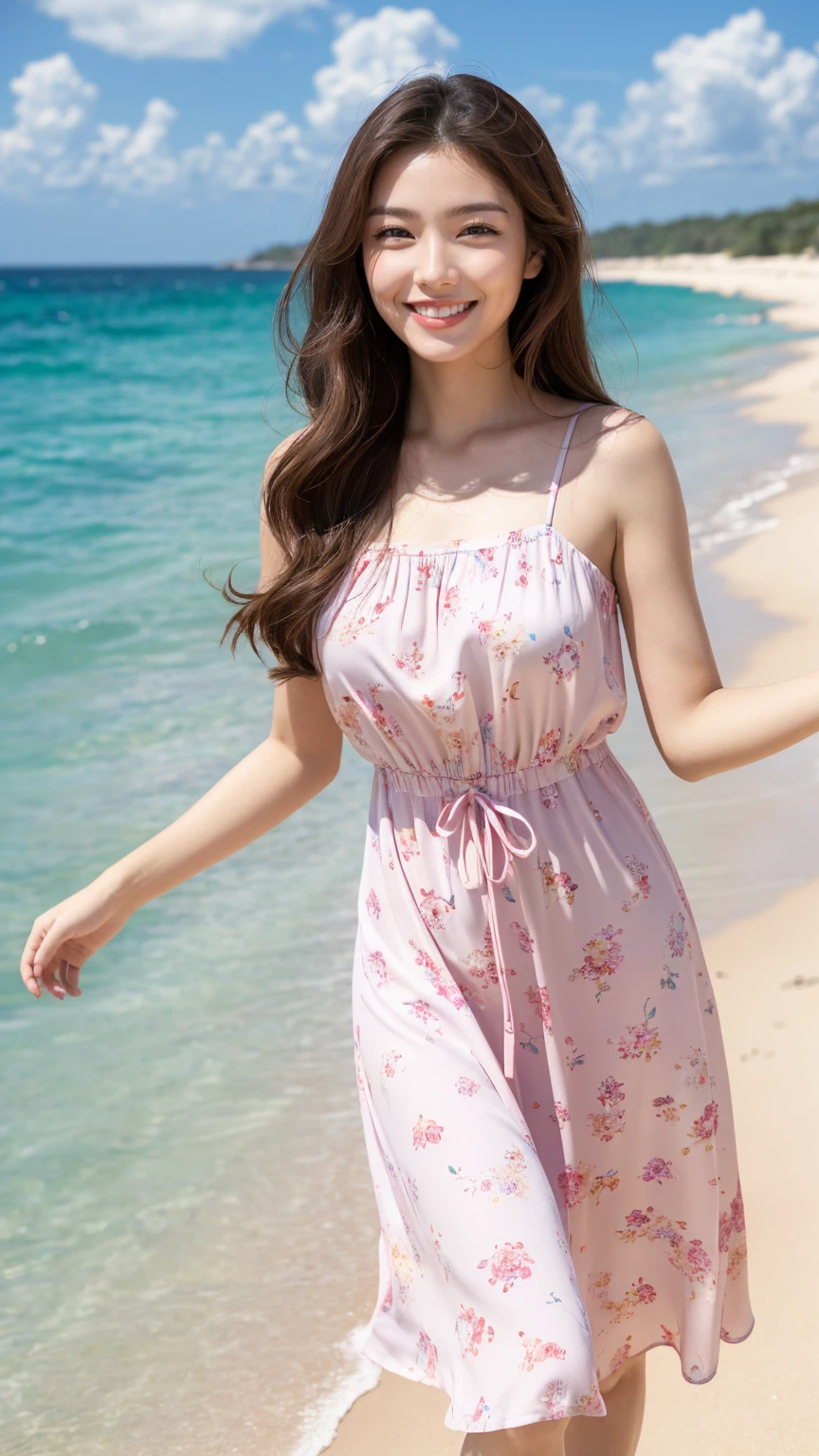 (Highest quality、masterpiece、8K、Best image quality、Hyperrealism、Award-winning works)、1 female、(alone:1.1)、(1 photo:1.1)、(Feminine pink floral long dress:1.2)、(Cute feminine fluffy wavy hair:1.1)、Standing Elegantly、(最も自然でwideい々Standing on a beautiful and perfect beach:1.1)、(wide々Standing on the beautiful, The coast is beautiful:1.1)、(Beautiful perfect sandy beach:1.1)、(Beautiful sunny sky:1.1)、(Beautiful thunderclouds:1.1)、Beautiful sea、(透き通って鮮やかなBeautiful sea:1.1)、(very bright and vivid:1.1)、The biggest smile is looking at me、Complex sea glow、Beautiful seaの詳細を描写する、Full body photo of a woman standing gracefully、Accurate anatomy、Perfect Makeup、Long eyelashes、Glossy Lips、Ultra HD glossy skin、(Ultra-high resolution, bright and beautiful skin:1.1)、超高精細のGlossy Lips、Ultra-high resolution beautiful teeth