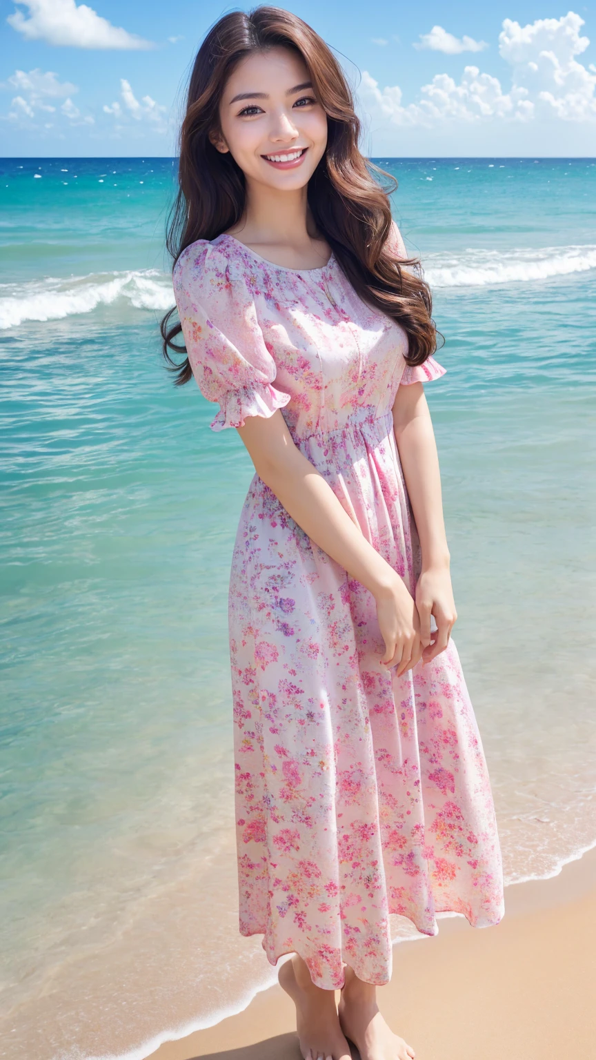 (Highest quality、masterpiece、8K、Best image quality、Hyperrealism、Award-winning works)、1 female、(alone:1.1)、(1 photo:1.1)、(Feminine pink floral long dress:1.2)、(Cute feminine fluffy wavy hair:1.1)、Standing Elegantly、(最も自然でwideい々Standing on a beautiful and perfect beach:1.1)、(wide々Standing on the beautiful, The coast is beautiful:1.1)、(Beautiful perfect sandy beach:1.1)、(Beautiful sunny sky:1.1)、(Beautiful thunderclouds:1.1)、Beautiful sea、(透き通って鮮やかなBeautiful sea:1.1)、(very bright and vivid:1.1)、The biggest smile is looking at me、Complex sea glow、Beautiful seaの詳細を描写する、Full body photo of a woman standing gracefully、Accurate anatomy、Perfect Makeup、Long eyelashes、Glossy Lips、Ultra HD glossy skin、(Ultra-high resolution, bright and beautiful skin:1.1)、超高精細のGlossy Lips、Ultra-high resolution beautiful teeth