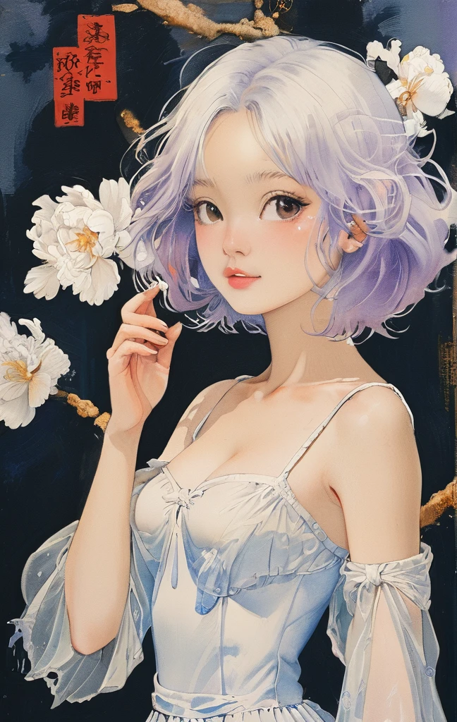 On a bright red campus"YES"Character、((Create), (top quality, masterpiece, outstanding work of art), (one young girl - 18 years old, nude, full growth, white hair, white skin, scarlet lips-smile; black, expressive playful eyes, long eyelashes), (black translucent - chiffon dress, gold line, very short peignoir dress), (very sexy body, seductive body, small beautiful breasts, genitals), (calm relaxed pose, hair fluttering in the wind, half turn, look at the viewer, stylish girl model)). ((Quality oil painting, outstanding craftsmanship, oil painting done by the hand of a master), (daylight, soft warm shadows, contrasting cold light, reflexes, refraction, tracing)). ((background - stunning blooming irises; (purple, yellow, blue, white), (petals, shoots)).((Highest quality workmanship, realism, oil painting, modern brushwork, master's hand, clear correct anatomy, grace, simplicity performance), (HD quality, clear focus)).