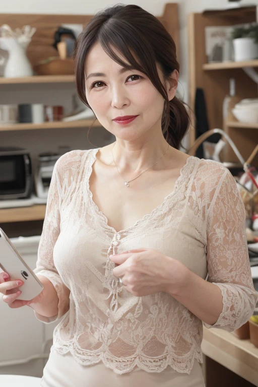 Beautiful mature 55 year old Japanese woman, Married women, Fine Lines, Long eyelashes, Sparkling eyes, Low Ponytail, Red lipstick, elegant, Great body, A loose openwork top with ruffle trim, Flip up the skirt, Beige panties, Pearl Necklace, photograph, Sensual pose, Browsing Caution, 