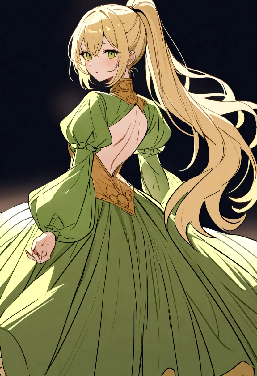 (work of art, best qualityer:1.2), extremely detaild, detailed hair, soft skin,

1 girl, standing alone, standing, trunk, from behind,

hair blonde, long hair, high ponytail, long ponytail,

Eyes red, long eyelashes, thick eyelashes, gazing at viewer,

redgown, backless dress, ornate dress, Fluffy Skirt, longskirt, puff sleeves, juliet sleeves, long sleeves,

Kale,

black backdrop,

