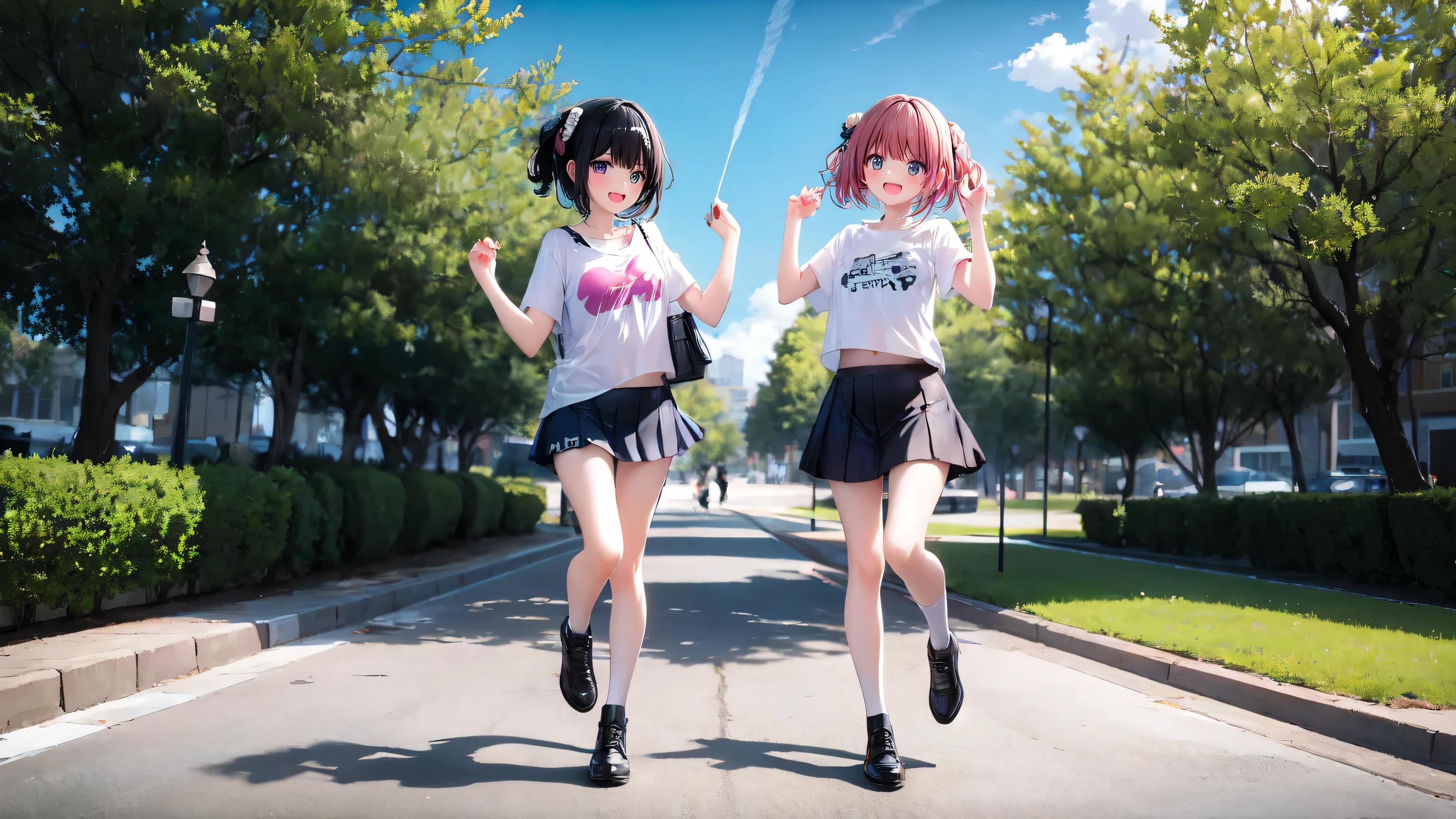 twin sisters having fun in the park、T-Shirts、mini skirt、camisole