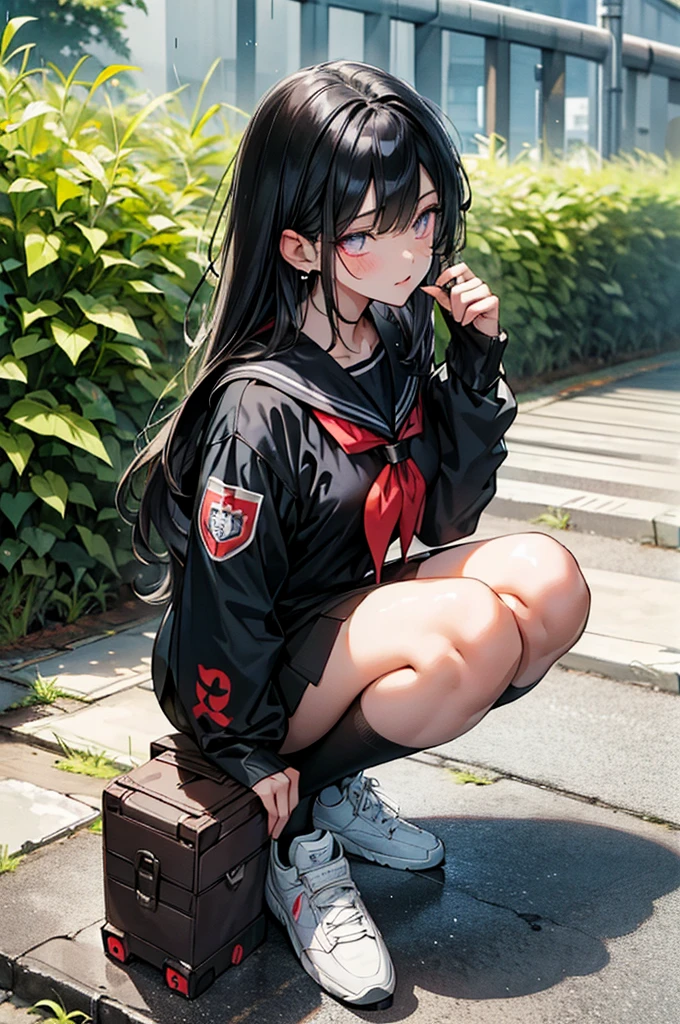An anime girl, masterpiece, best quality, ultra detailed, 4K, 8K, like a scene from a movie, A robot girl with parts of her body and right eye made of machinery, holding a kitten carefully in the rain. steampunk, robot joints, She has glossy, beautiful black hair and a glowing red right eye, wearing a sailor uniform with a lavender ribbon, black knee-high socks, and floral sneakers. In a park, beside a cardboard box in a grassy corner where the kitten, a mixed breed, was abandoned. It's drizzling rain, and the time is evening. The scene is in the style of Japanese anime art, watercolor, Do not include text in the image. --bad anatomy