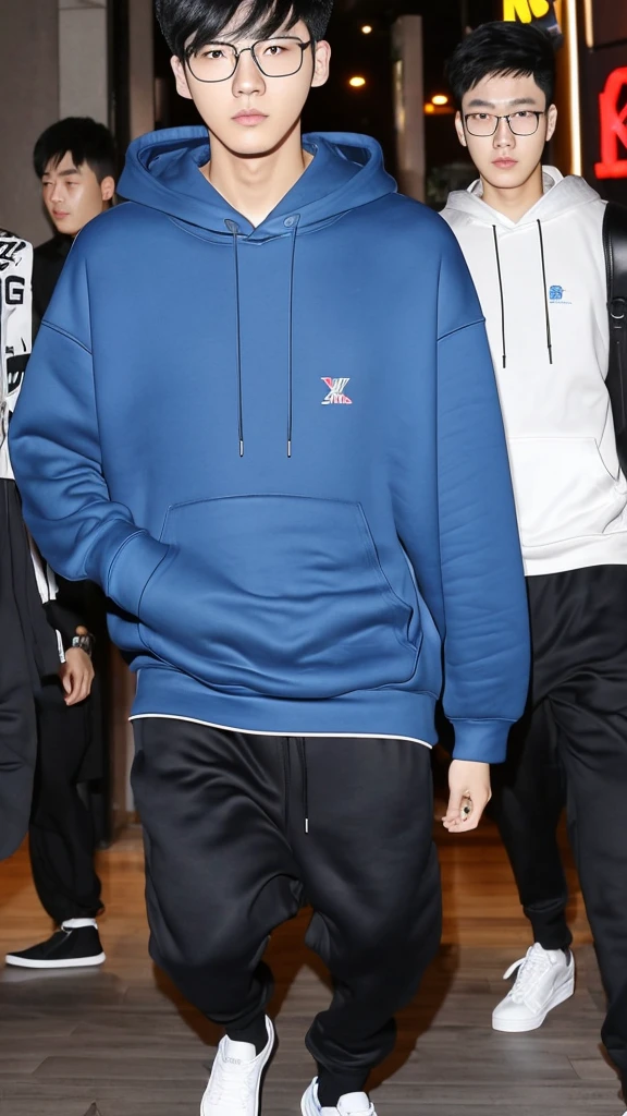 21 year old Shanghai boy, he is ((oversized xxl blue plain hoodie)), wearing black pants, wearing sneakers, wearing glasses, night club, fully body, (he is 한국 머리카락입니다) k pop style
