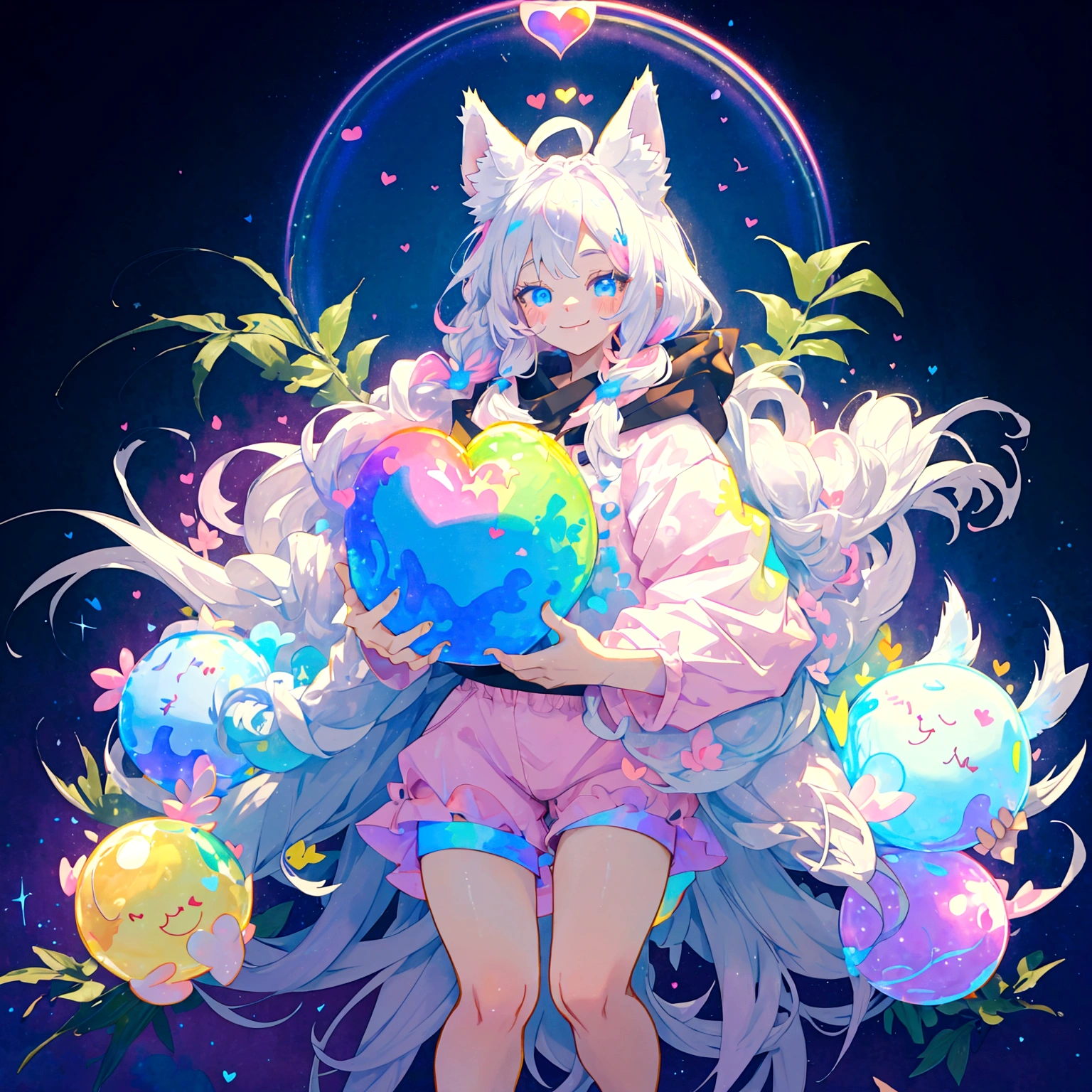 a cute adult male with wolf ears, long white hair, long locks, has a wolf tail, thick thighs, wide hips, short, wearing pink romper with a hood and pink shorts, has heart on chest, has bunny ears on hood, very slim, showing slender tummy, squishy thighs, has glowing blue eyes. alone, solo (ALONE)(SOLO), surrounded by rainbows, colorful galaxy backround, smiling, on knees ontop of a pile of fluffy plushes, plushies everywhere, kawaii plushies, surrounded by bubbles, surrounded by rainbow leaves, standing up dancing, thicc thighs, stretching out, hands covered