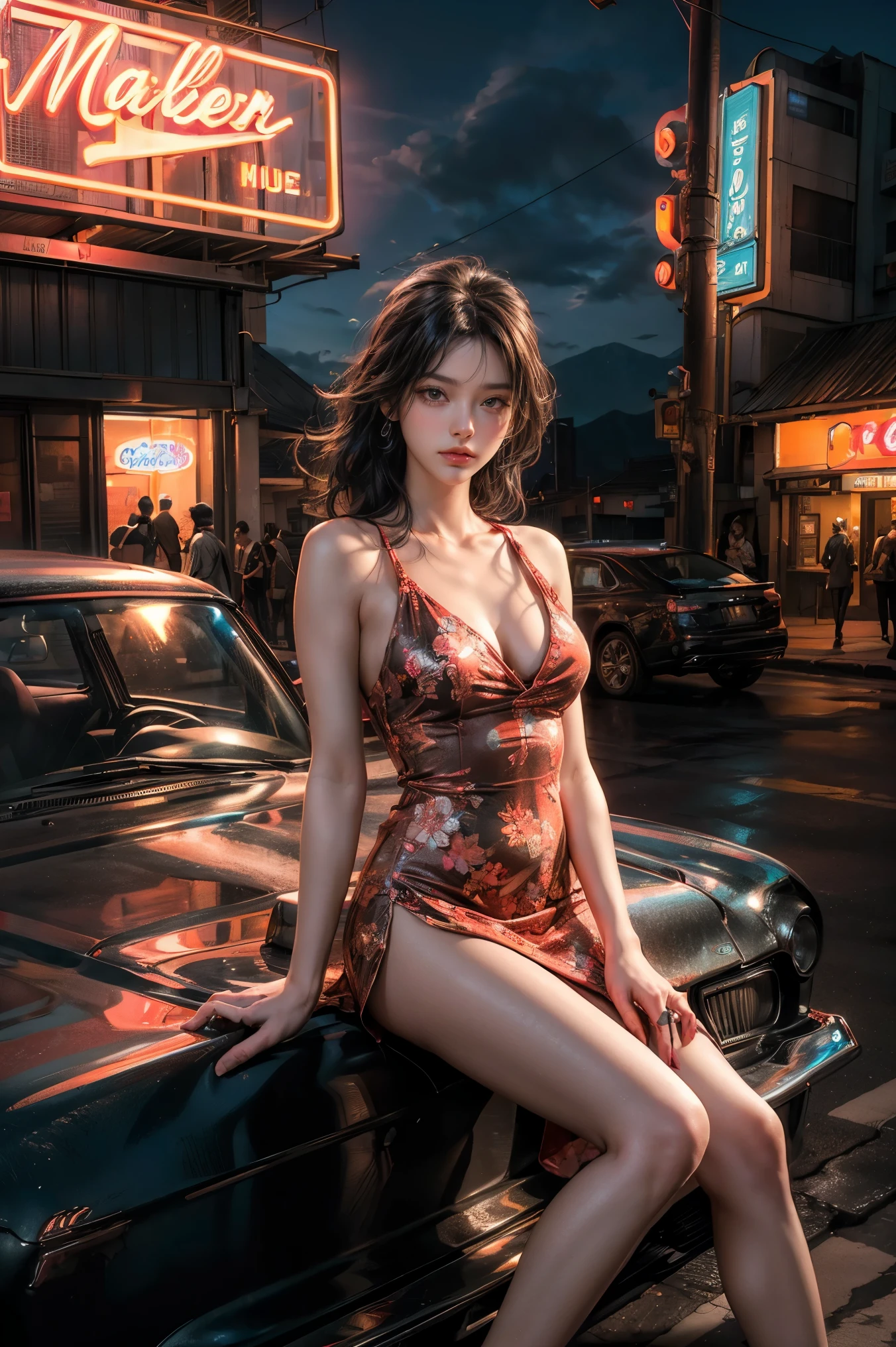 ((masterpiece, best quality, Best image quality, high resolution, realistic, raw photo, 8K)), Araped view of motel with cars parked in front, with neon sign, Woman waiting for guests in front of motel, Temptation, short dress and high heels, route 66, neon sign, 1 9 5 0 Second Americana Tourism, some have neon sign, Neon Lights Outside, neon advertising, gigantic neon sign, neon stores, few neon sign, neon sign in background,