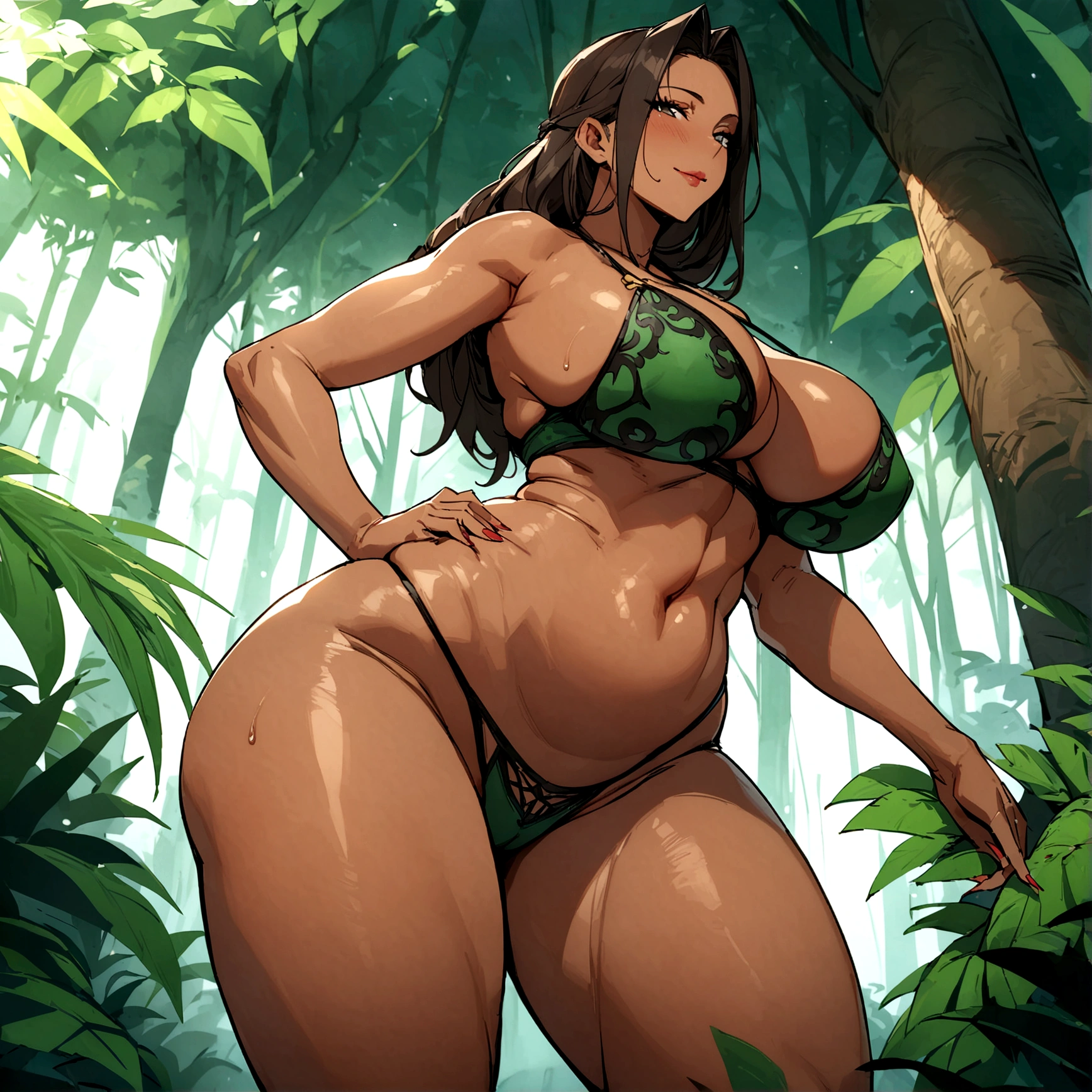 Amazon forest milf warrior, mature and beautiful face, Traditional Amazon forest underwears, age 38, married for 4 years, very tall, healthy brown skin, sexy female curves, Meaty butt and breast, very beautiful, very attractive, Chinese, showing thigh, showing waist, showing shoulder, attractive curves, masterpiece, 4k, traditional Amazon forest