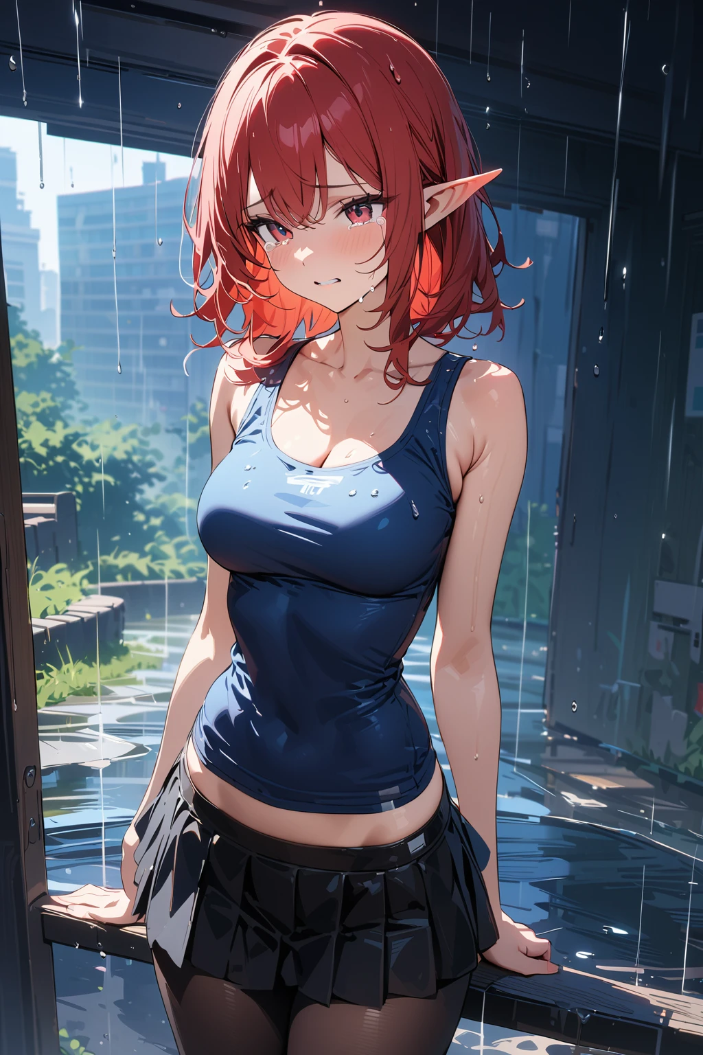 (masterpiece, best quality:1.5), (ultra detailed, high resolution, 8k, beautiful detailed, UHD, best anatomy), red hair, medium breasts, 1 cool elf, long Y-shirt, frill short skirt, Leggings, crying, It's raining, Rain soaked my whole body and clothes