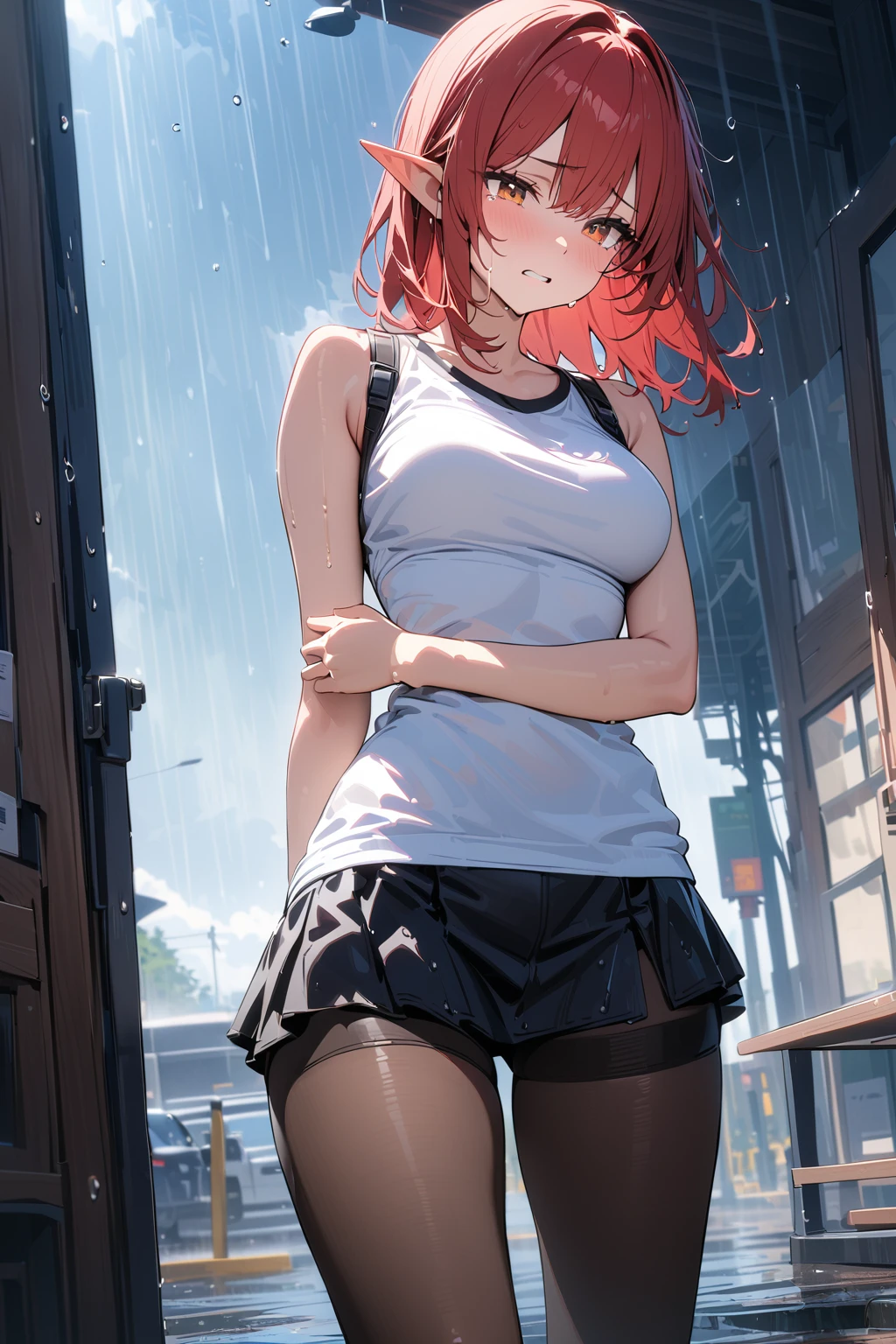(masterpiece, best quality:1.5), (ultra detailed, high resolution, 8k, beautiful detailed, UHD, best anatomy), red hair, medium breasts, 1 cool elf, long Y-shirt, frill short skirt, Leggings, crying, It's raining, Rain soaked my whole body and clothes