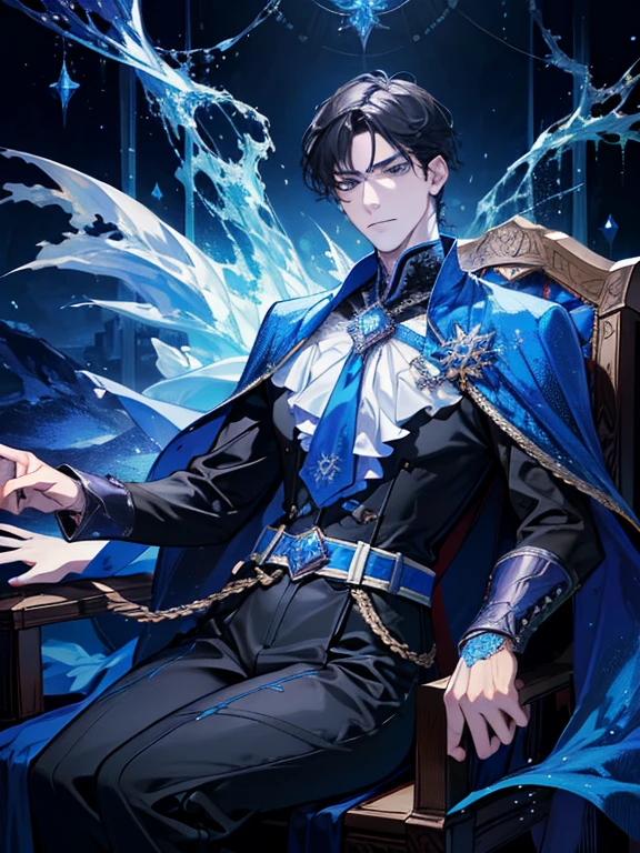 (absurdres, highres, ultra detailed), 1 male, adult, handsome, tall muscular guy, broad shoulders, finely detailed eyes, dark color hair, fantasy, complex pattern, detailed face, throne, magic effect, best ratio four finger and one thumb, ice, bitter cold, cold snap, smile, (dutch angle), closed mouth