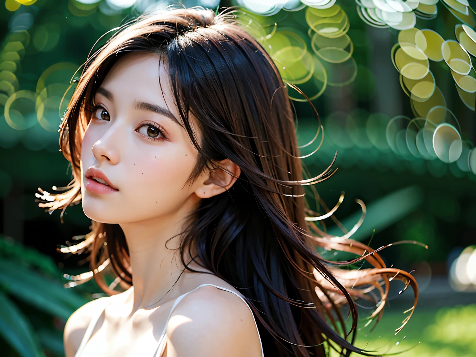 short black-brown hair,Beautiful and natural,The background is more advanced and beautiful., Make the background white, Long Hair, Brightens skin