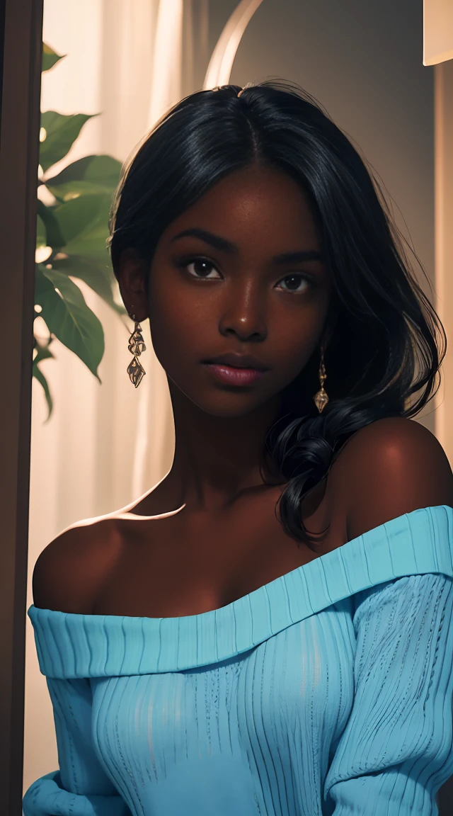 Upper body shot, ((beautiful black woman with flawless dark skin)), long hair with gradient blue glow, clearly defined facial features, big detailed eyes, ((( wearing an off the shoulder sweater))) glowing flowers in the background, masterpiece, best high quality image,96k, uhd, depth of field, 1080P wallpaper, spotlight, character focus, high quality, insanely detailed, UHD picture quality in the style of Amy Sol