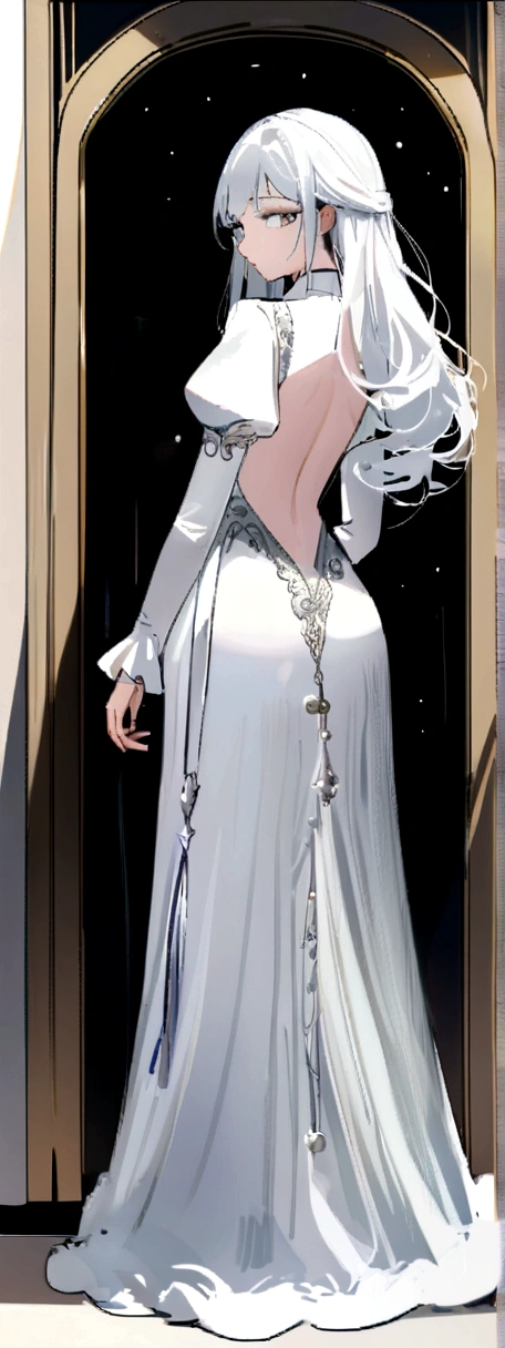 (work of art, best qualityer:1.2), extremely detaild, detailed hair, soft skin, 1 girl, standing alone, standing, trunk, from behind, White hair, long hair, loose hair silver eyes, long eyelashes, thick eyelashes, gazing at viewer, white gown, backless dress, ornate dress, Fluffy Skirt, longskirt, puff sleeves, juliet sleeves, long sleeves, Kale