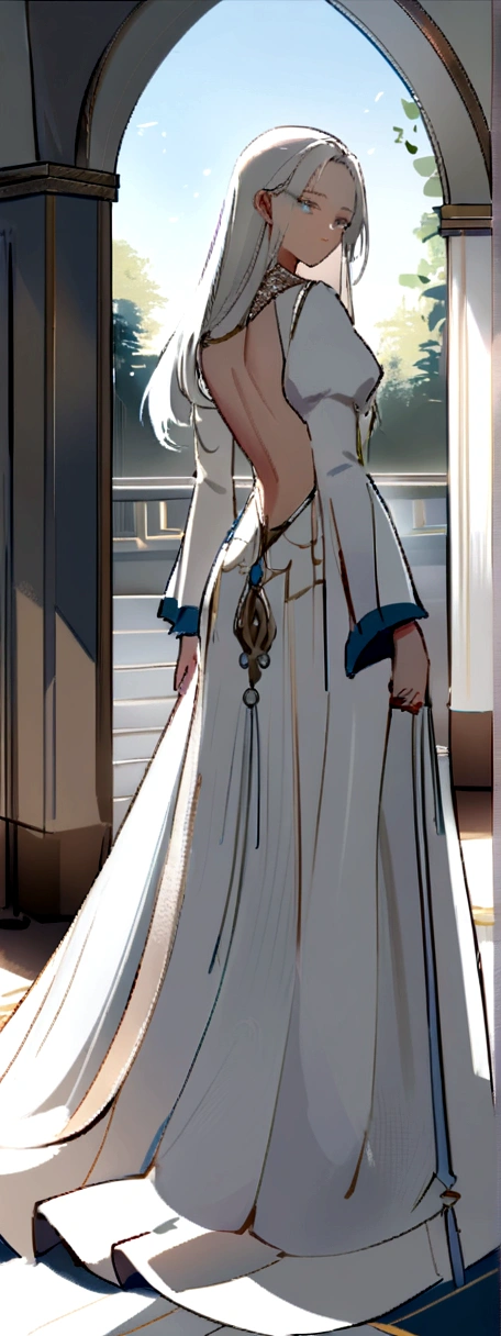 (work of art, best qualityer:1.2), extremely detaild, detailed hair, soft skin, 1 girl, standing alone, standing, trunk, from behind, White hair, long hair, loose hair silver eyes, long eyelashes, thick eyelashes, gazing at viewer, white gown, backless dress, ornate dress, Fluffy Skirt, longskirt, puff sleeves, juliet sleeves, long sleeves, Kale