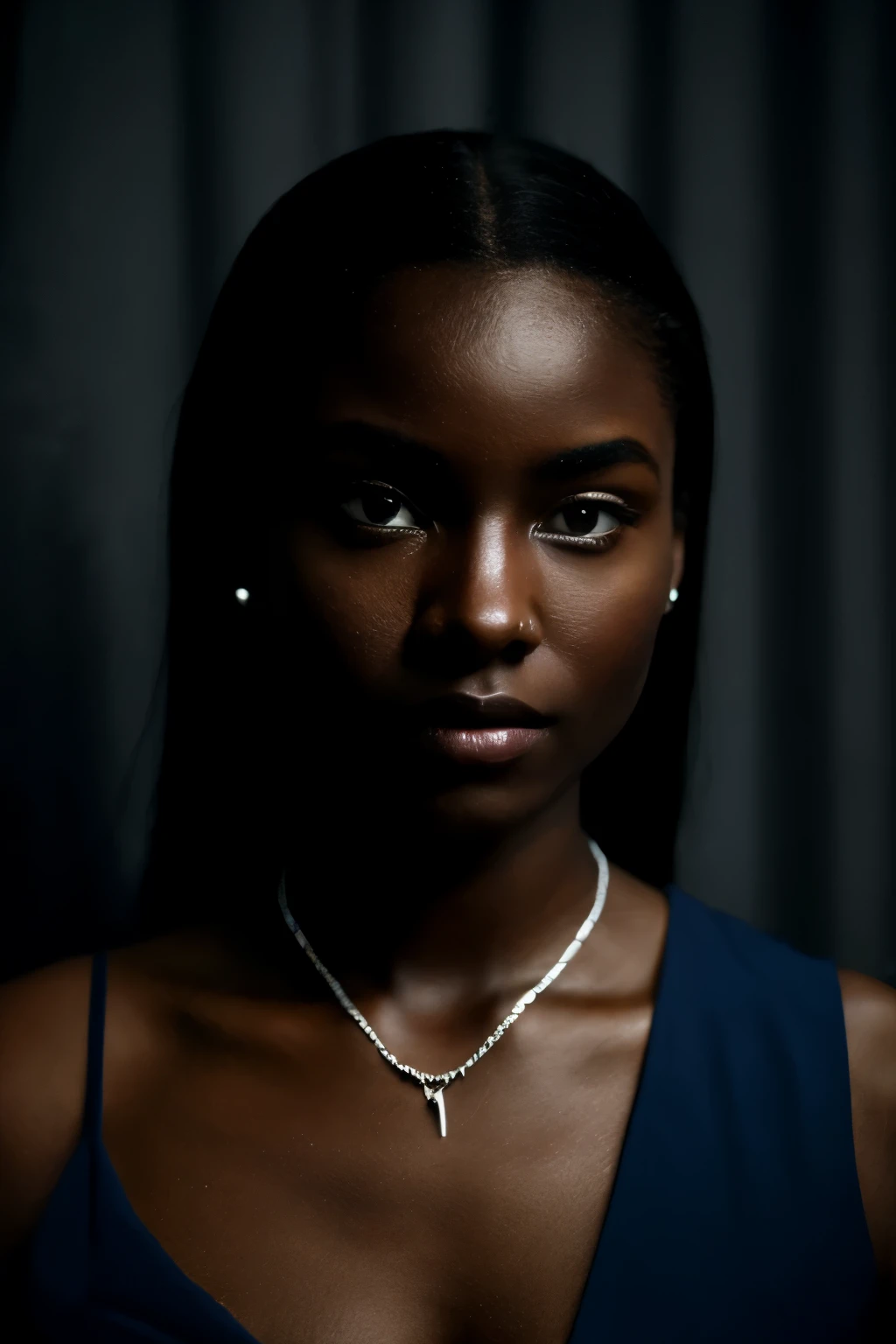 a haunting a mysterious puzzle of a lady, side glances to camera, dark skin, mixed cultures, staring intense, silver blade edge, skin metal contrast, attractive danger, she looks to us, see into your soul, good luck, stylized dark clothing layers, dark room, moon light