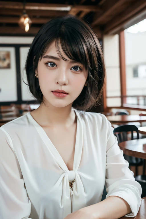 (award winning, 8k, super detailed, high resolution, best quality, photography, portrait), 1girl, solo, beautiful girl, beautiful eyes, detailed eyes, (black eye), white blouse, short hair, black hair, sitting in cafe, POV, ((upper body))