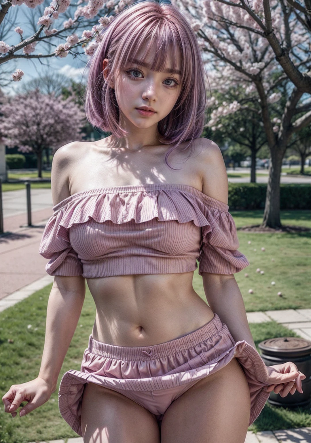 autophoto, Light pink with purple hair., pink eyes, CropTop, vivid colors, tight short skirt, Sakura tree background, ray tracing, big breasts, off the shoulder, ultra realistic.
