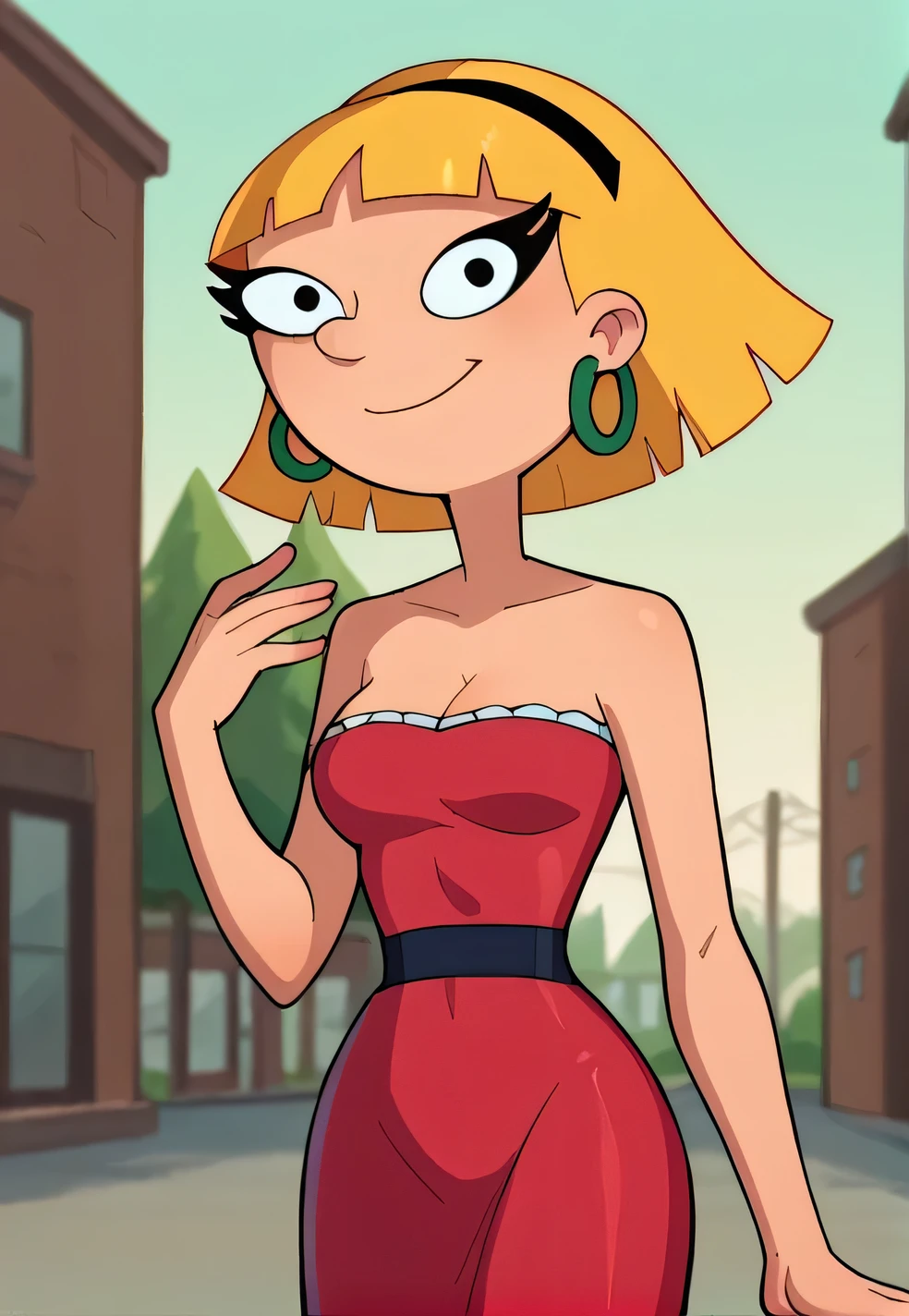 score_9_up,score_8_up,score_7_up,score_6_up,score_5_up,score_4_up BREAK olga pataki,1girl, solo, blonde hair, short hair, black hairband, hoop earrings, strapless, cleavage, a short red dress, red skin tight dress, smile, bangs, human skin, blunt bangs, looking at viewer,outdoors, blue skies, movie style, cowboy shot