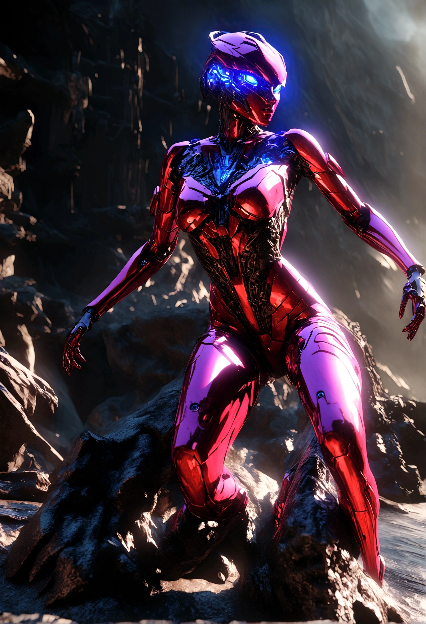 Glowing cybernetic elements, intricate machinery, smooth and angular body shapes, metallic sheen, strong and imposing presence, dramatic lighting, cinematic compositions, dark and gloomy sci-fi atmosphere, dystopian settings, surreal 3D rendering, 8K, photorealistic, masterpiece, alien, erosion, fusion, powered suit