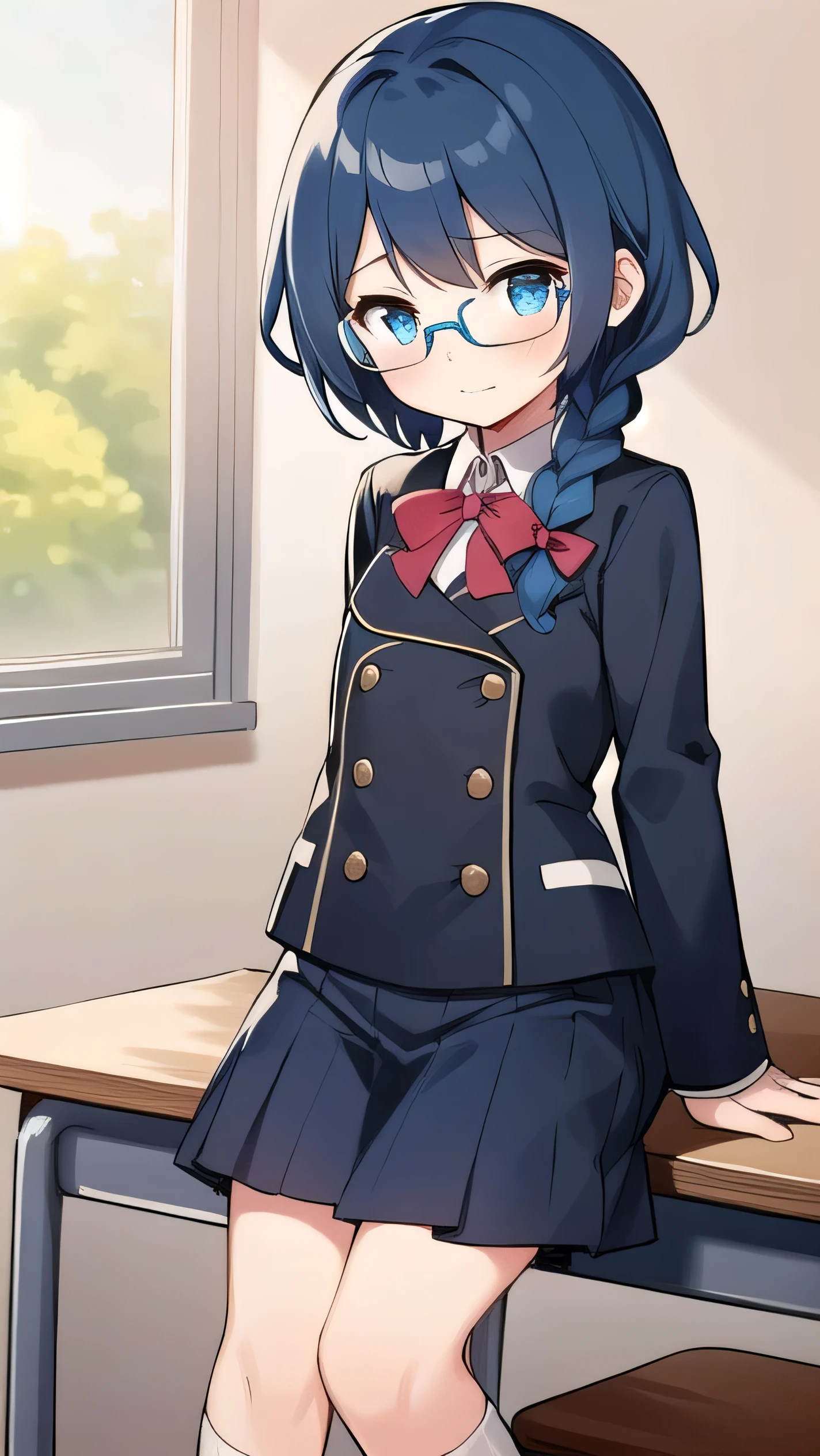 small breasted girl, short, elementary school student, blue hair, single braid, blue eyes, round eyes, shy, shy, classroom, short, young face, short height, , glasses with no edges,flat chest,