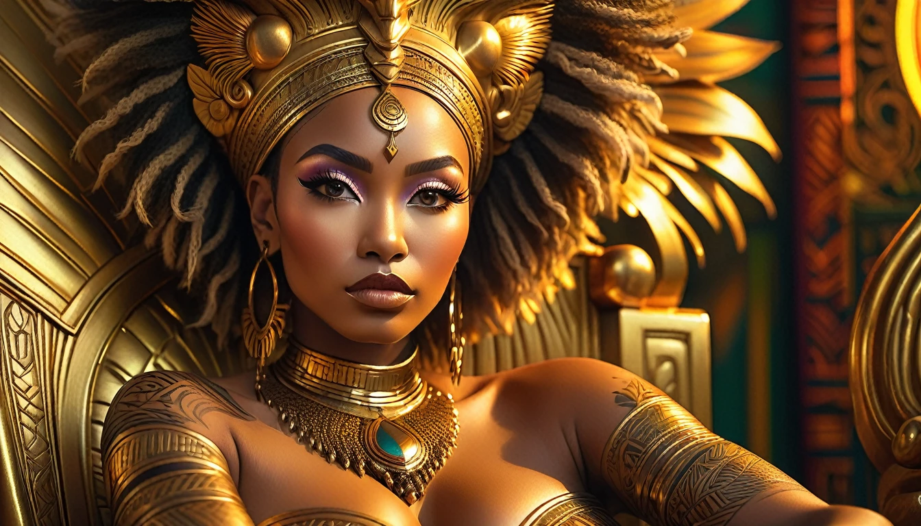 a beautiful busty African Asian tribal woman,detailed face and eyes,long eyelashes,intricate tribal tattoos,sitting on a golden art deco lion throne,extremely detailed,photorealistic,8k,cinematic lighting,dramatic shadows,vibrant colors,warm lighting