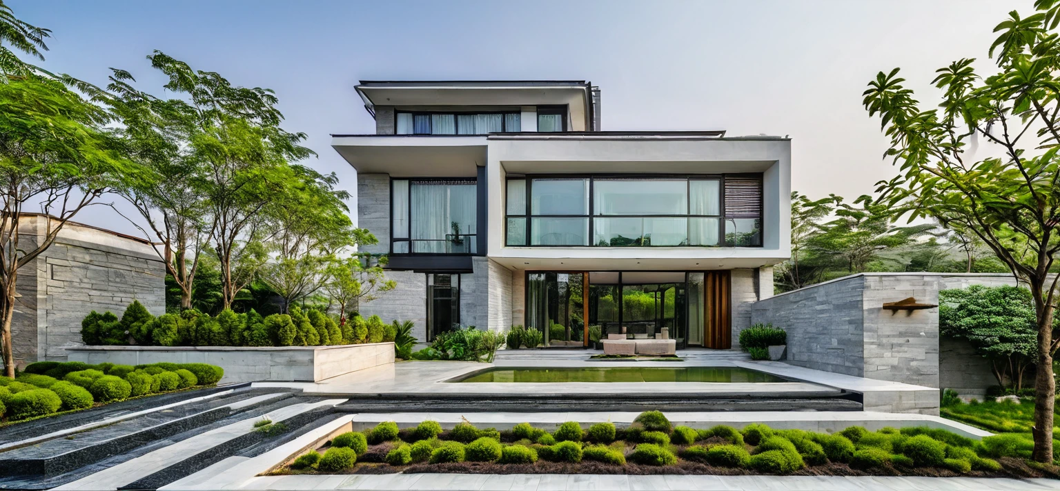 qlcd,tingyuan, photo of modern villa, grassland, garden, shrubs and trees, rock decoration, clear sky, sun light, realistic photo