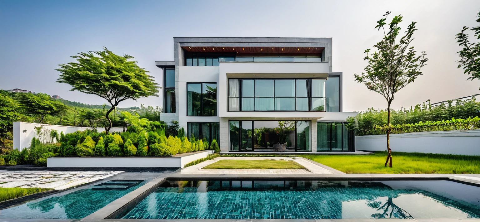 qlcd,tingyuan, photo of modern villa, grassland, garden, shrubs and trees, rock decoration, clear sky, sun light, realistic photo