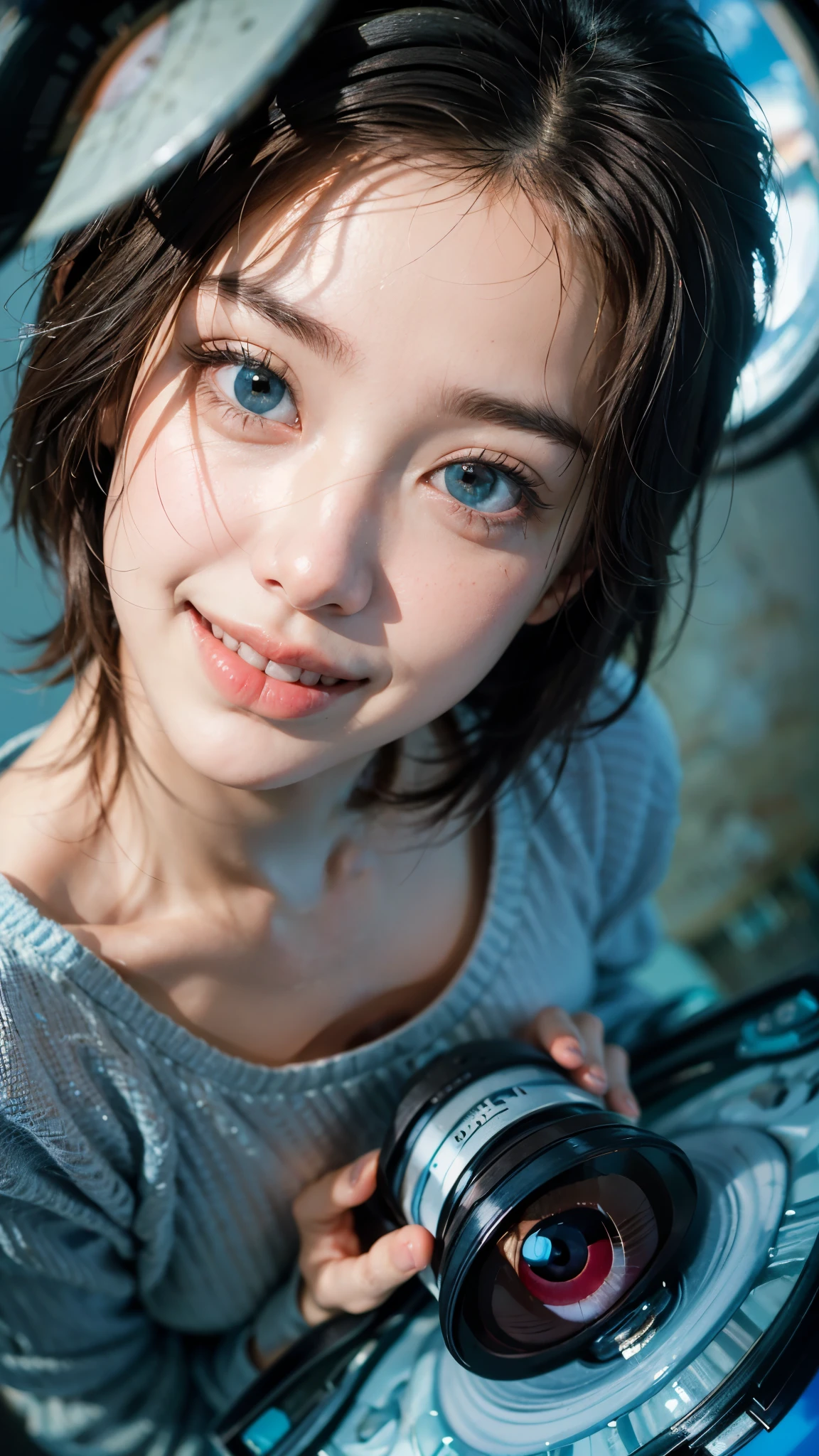 Highest quality, masterpiece, Ultra-high resolution,8K, (Realistic:1.6), (Close portrait:1.4) RAW Photos, ((Super Up,Light blue contact lenses,Facial beauty)),girl,(Full of smiles, Showing teeth)), 22 years old,((short hair)),((Looking up at the audience)),(Face Focus:1.4),((Photographed from above with a fisheye lens:1.4)),