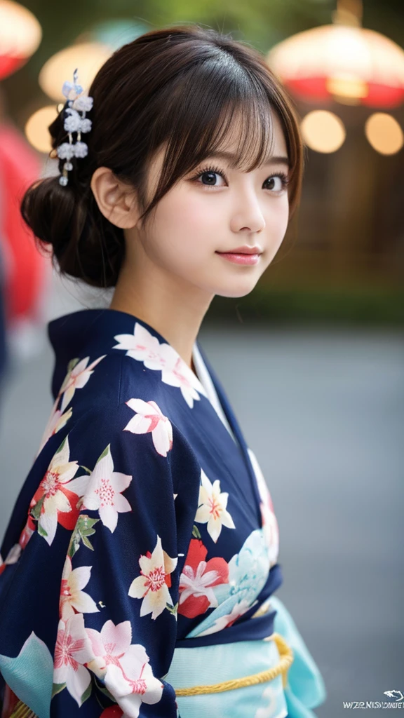 （8k、high resolution、High resolution、Fine details）Beautiful eyelashes、High resolutionの顔、Zoom out、18 years old、 Beautiful detailed eyes、Random cute hairstyles、yukata、Summer festival、Japan、Standing posture、whole body、美しいヒップライン、立ち姿