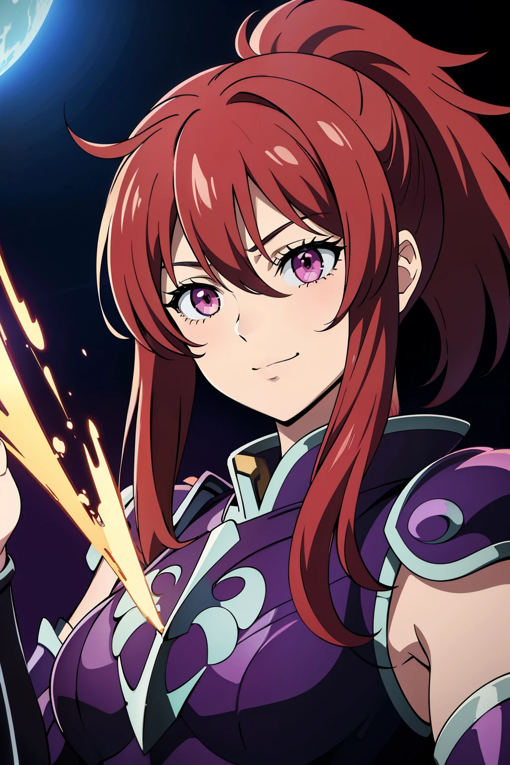 (high-quality, breathtaking),(expressive eyes, perfect face) portrait, Symmetrical Eyes, 1girl, female, solo, adult, red hair color, pink red coloured eyes, short hair length, side bangs, fluffy hair, looking at viewer, portrait, black background, narrow eyes, soft eerie blue lighting background, rock terrain background, Hades Armor, Hypnos Saint Seiya Armor, Thanatos Saint Seiya Armor, Dark Purple Armor, trim, full plate, feminine face, cute smile, half body shot, kirigakure shura, ponytail
