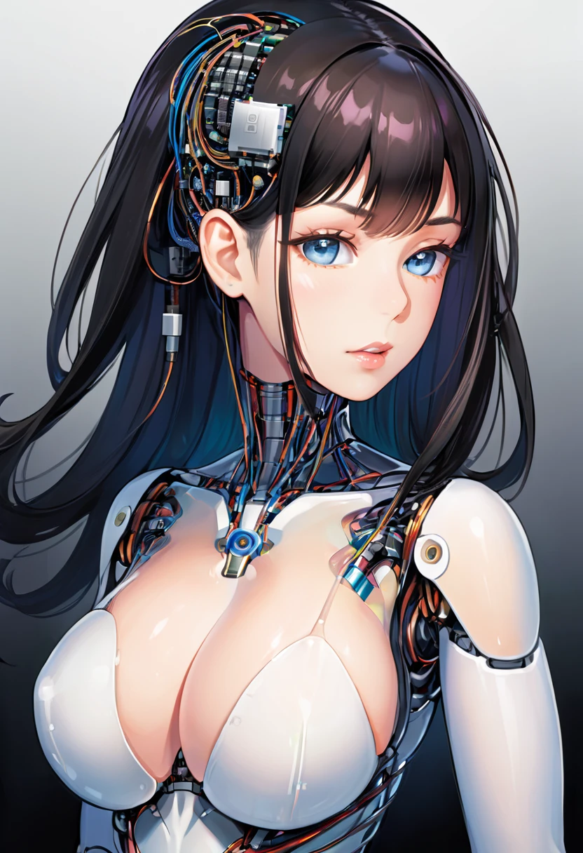 The portrait of a android with the appearance of a beautiful young woman, anatomically correct, which has a semitransparent body, which allows you to see parts of its circuits, mechanical and organic parts and with the style of illustrator Lee Evans.