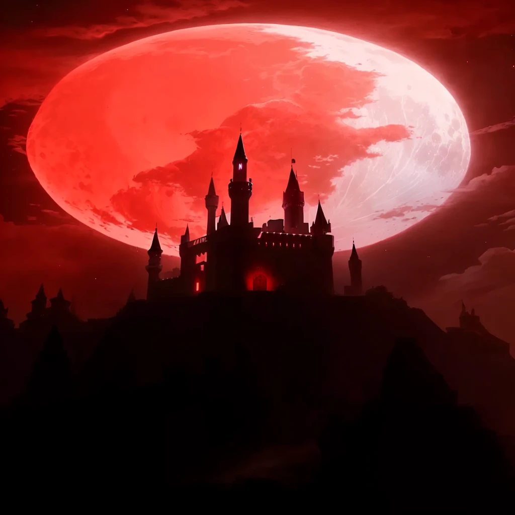 arafed castle with a Luna Roja in the background, castlevania, inspirado en Castlevania, Luna de sangre background, Luna de sangre, blood Luna Roja, praise the Luna de sangre, during a Luna de sangre, full Luna de sangre, bruja de castlevania, huge Luna Roja, Luna Roja, castelvania, Luna de la Generación Roja Sangre, full Luna Roja, Fondo sombrío del castillo