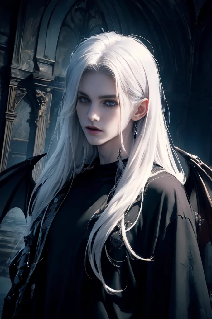 ((Best quality)), ((masterpiece)), 8k (detailed), ((perfect face)) ((halfbody)), perfect proporcions, He is a beautiful angel, he is 18 years old, he has long white hair, gothic makeup, white angel wings, he wears a tight black t-shirt with holes, rock style ((perfect face)) ((vampire ambience))