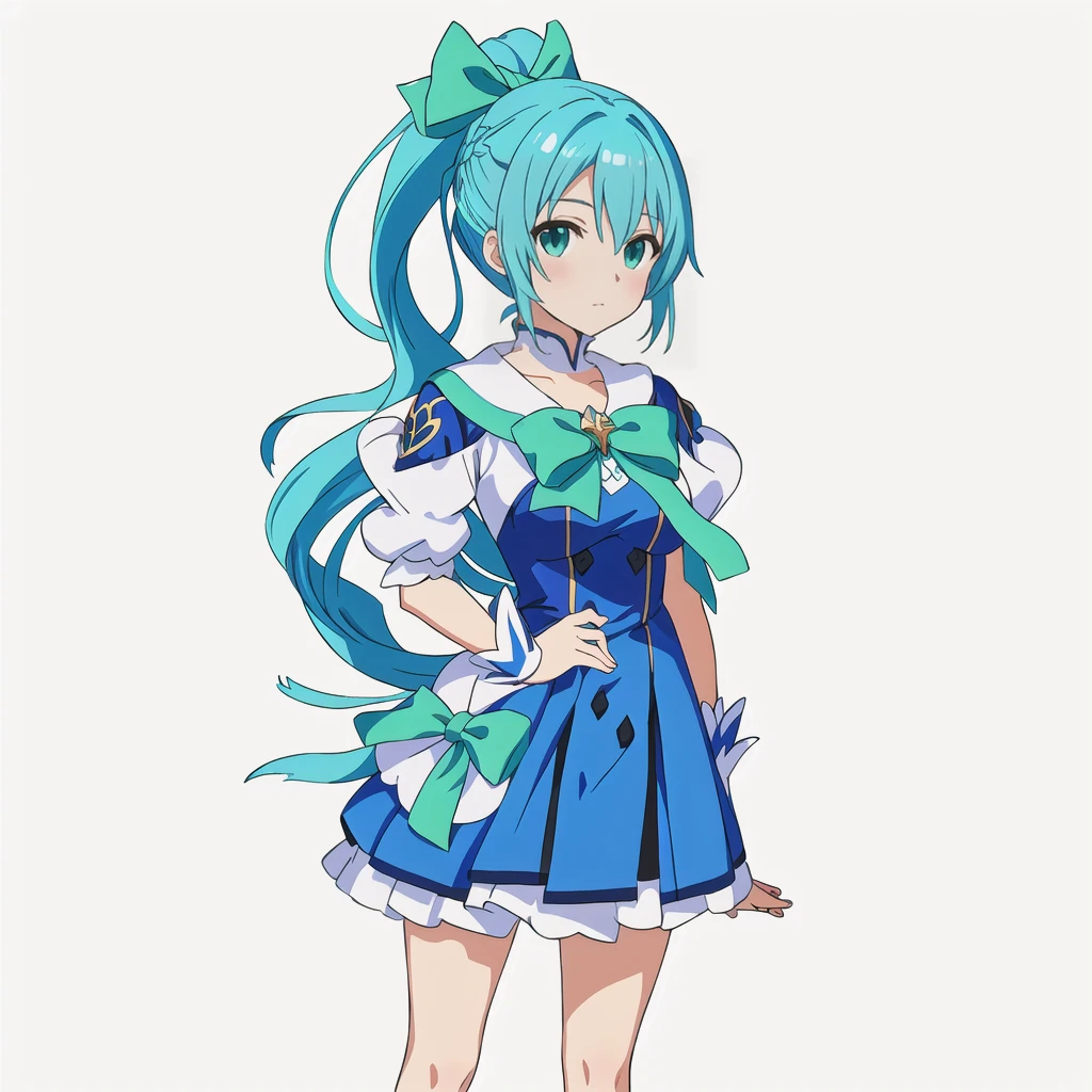 Highest quality, high resolution, High quality anime art style, Official Art, Smooth anime CG art, Stylized anime, Cute 3D anime girl render, Visual Novel Sprites, White background, whole body, Anime-style 3D, Smooth anime CG art, humanoid woman, JRPG Characters, Magical Girl Style, Anime woman in a blue dress with green ribbon, Turquoise Hair, ponytail, Neat hairstyle, tall, He holds a magic bow in his left hand., 20-year-old,