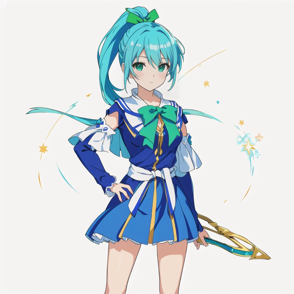 Highest quality, high resolution, High quality anime art style, Official Art, Smooth anime CG art, Stylized anime, Cute 3D anime girl render, Visual Novel Sprites, White background, whole body, Anime-style 3D, Smooth anime CG art, humanoid woman, JRPG Characters, Magical Girl Style, Anime woman in a blue dress with green ribbon, Turquoise Hair, ponytail, Neat hairstyle, tall, He holds a magic bow in his left hand., 20-year-old,