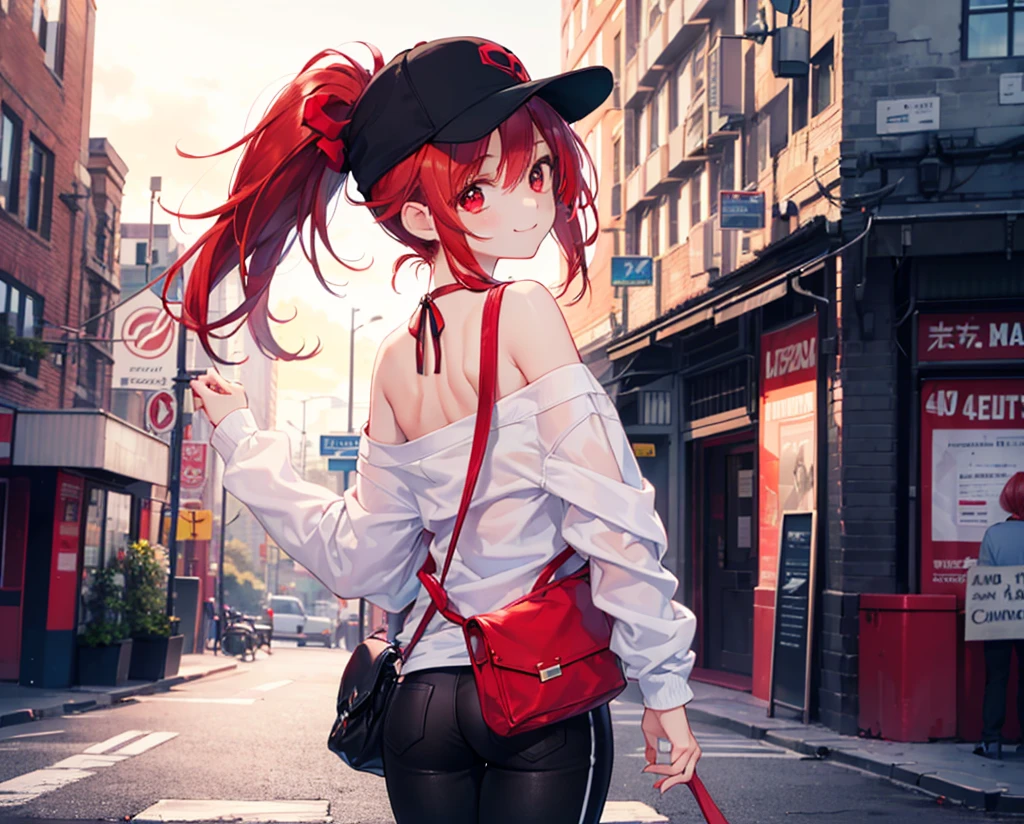 (Close-up:1.3),Realistic,Highest quality, Ultra Detail, High-quality CG rendering, The most delicate and beautiful, Floating softly, High resolution, (1 girl), (Highest quality,4K,8K,masterpiece:1.2),(All red hair:1.5), (ponytail:1.5),(Red eyes:1.5), (White oversized long sleeve T-shirt:1.3),(Black skinny pants:1.3),(Black baseball cap:1.3),In the city,old buildings,(Turn your back to your audience:1.3),Butt,Are standing,(Small shoulder bag:1.3),smile

