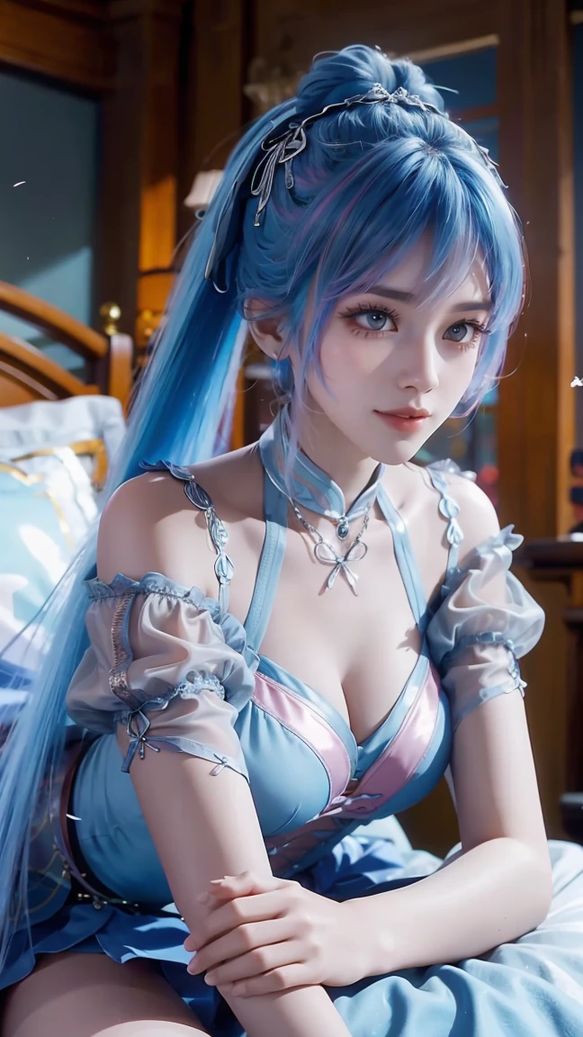 一个女孩Lying in bed,Dressed in suspender pajamas,Face up,Raise your legs slightly,Front view super detailed beautiful big breasted girl . Ultra HD, 4K, 8K, Movie,whole body,Lying down,Long legs,Very big breasts,whole body捕捉,(((Lying in bed))),(((whole bodyLying in bed))),big bed,Off-shoulder,Shoulder-length skirt,Lying in bed,Sleeping on the pillow,Lying down,Headrest pillows,(((平Lying in bed))),whole body平Lying in bed,Double tail,Colored hair,Blue and Pink Ombre Hair,whole body视角,whole body捕捉,barefoot,Smooth long legs